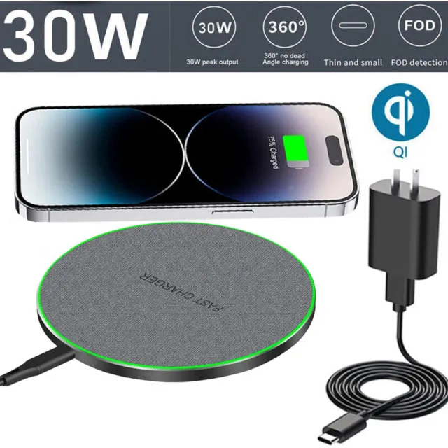 30W Wireless Fast Charger Charging Pad Dock For Samsung iPhone Android Phone