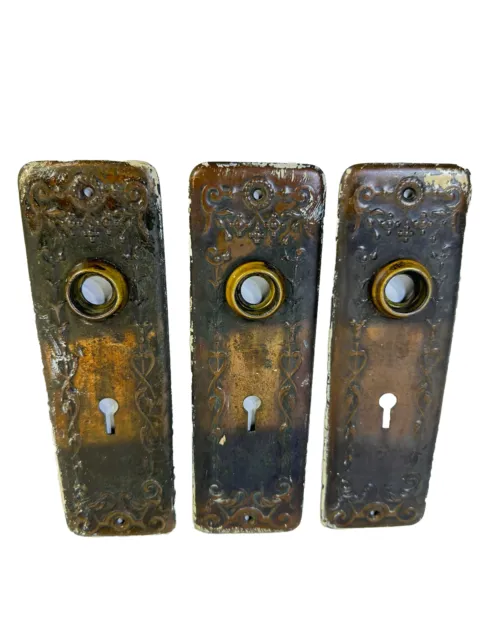 Lot Of 3 Antique Salvaged Brass Copper Ornate-Late 19th Century Door Plate