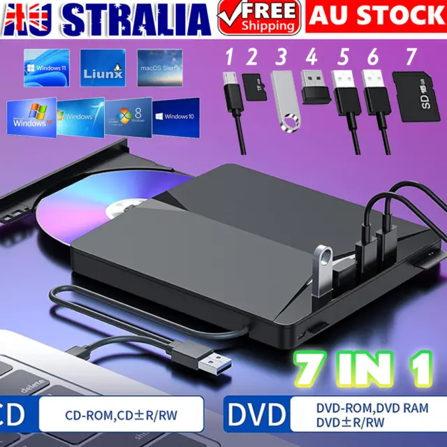Hub/Slim External Drive USB-C 3.0 Burner Player CD DVD Reader Writer PC Laptop