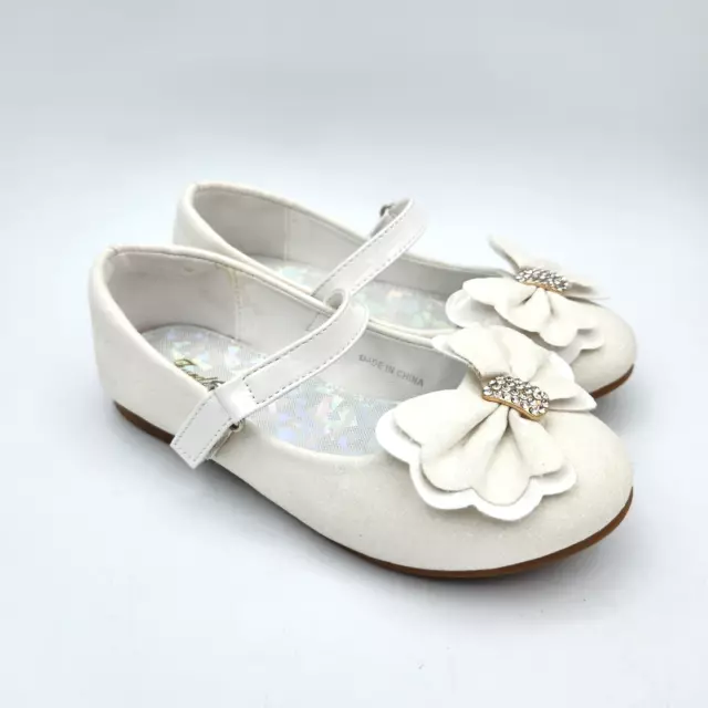 Furdeour Girls Size 11 Dress Shoe White Glitter Flat Mary Jane w Bow Rhinestone