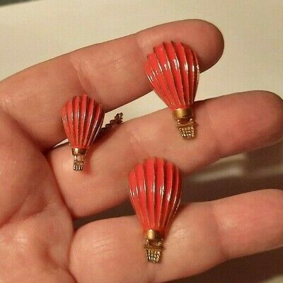 Vintage Signed PERI Gold Tone Red Enamel Hot Air Balloon Cuff Links Tie Tack