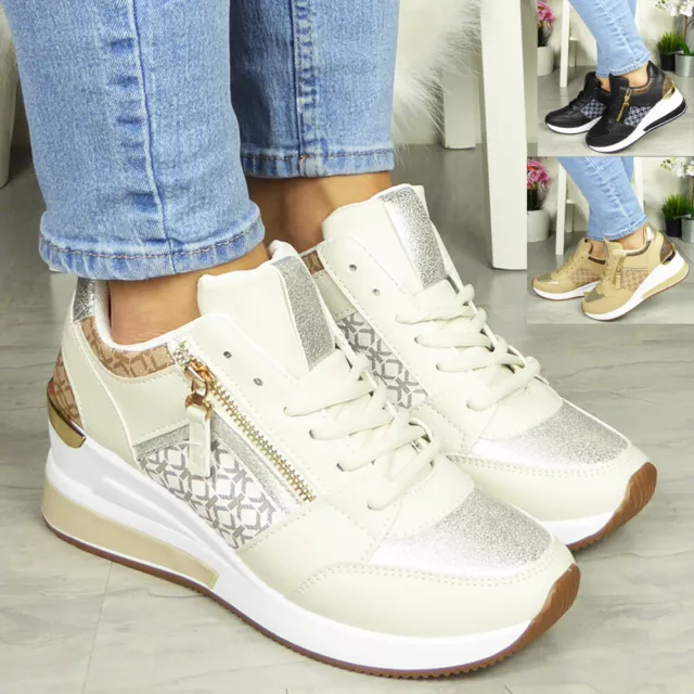 Ladies Wedge Hidden Trainers Womens Comfy Classic Sneakers Lace Up Pumps Shoes
