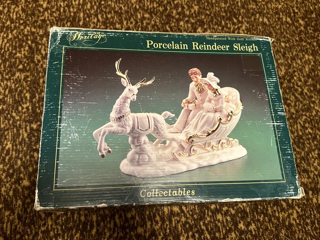 Heritage Porcelana Blanca Reno Trineo Acentos Dorados Pintado a Mano Navidad NUEVO