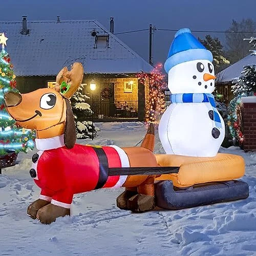Joiedomi 8 FT Long Christmas Puppy Inflatable Pulling Sleigh & Snowman with