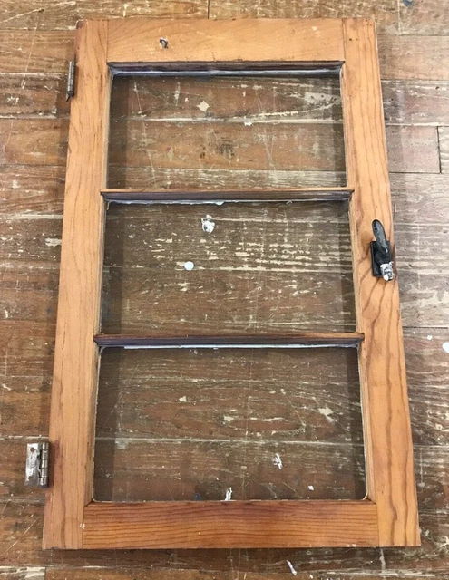 Vintage 3 Pane Glass 18" x 30.5" Wood Window Or Cabinet Door With Hardware