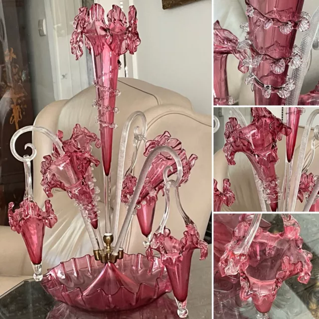 RARE ANTIQUE C1880 Victorian 7 Point Glass Ruby EPERGNE 21” STOURBRIDGE INCISED