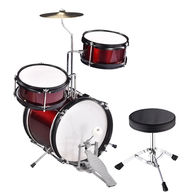 Junior Kids Drum Set w/ 3 Drums Bass Tom Drumsticks Cymbal Throne Stool Kit