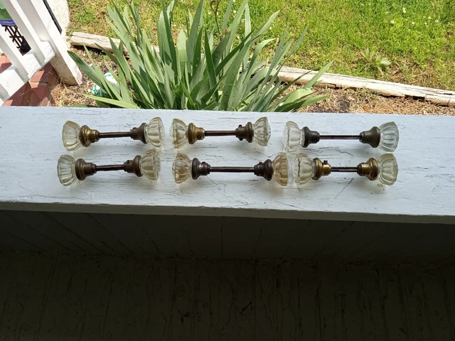 Vintage Antique Ornate Brass Glass Door Knobs 6 Sets of 2