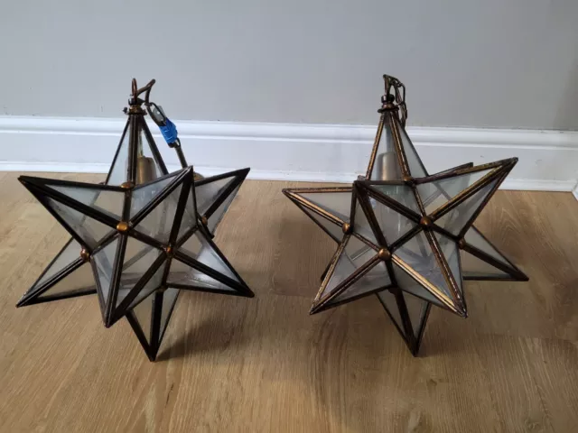 PAIR 2 X Vintage  Brass Moravian Star Glass Pendant Light Fitting Ceiling