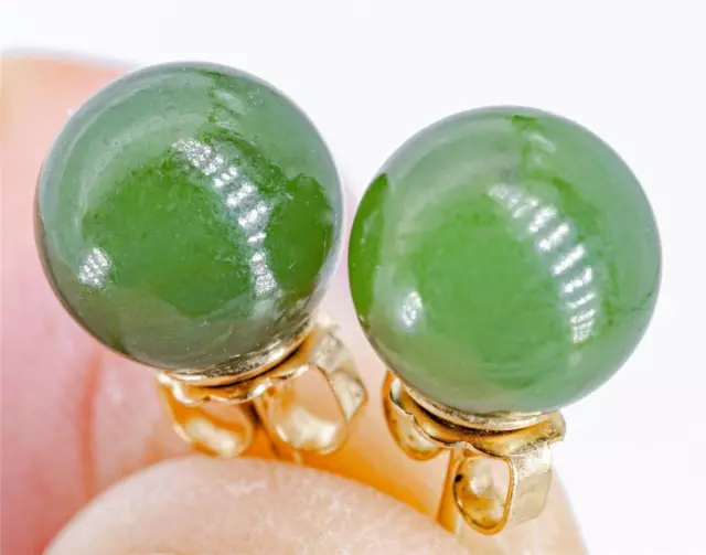Rare Beautiful Vintage 14K Gold 9Mm Round Chinese Jade Post Back Stud Earrings