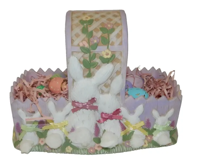 Fabulous Hand Painted Decorated Ceramic Easter Basket  Rabbits with Cotton Tails