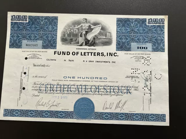 Aktie USA Finanzen Fund of Letters Inc.  100 Shares 1969