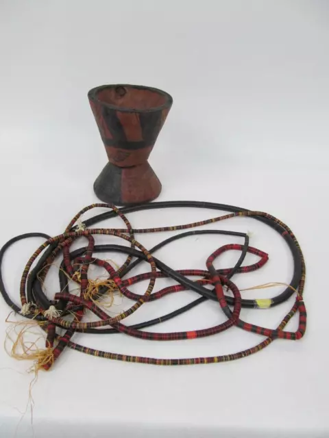 African Pestle Wood Carved Tribal Folk Art Plus Beaded Rope Necklaces