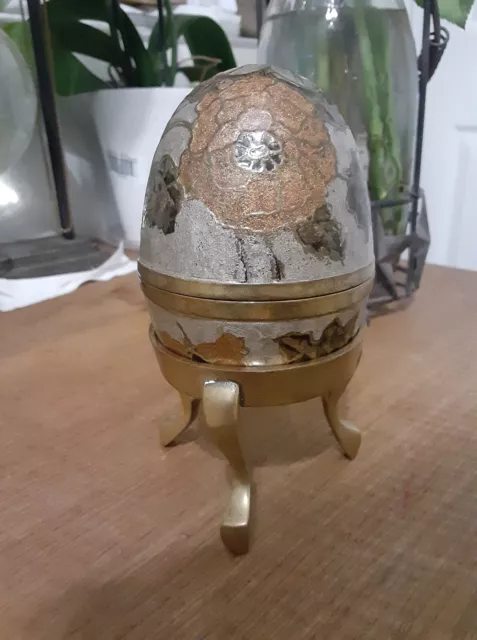 Vintage Cloisonne Enamel Brass Egg Trinket Box with Brass Stand