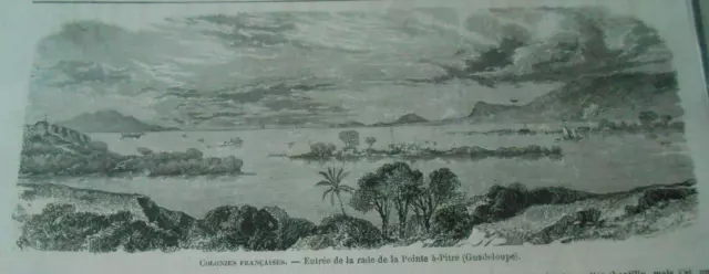 Gravure 1864 - Entrée de la rade de La Pointe à Pitre Guadeloupe