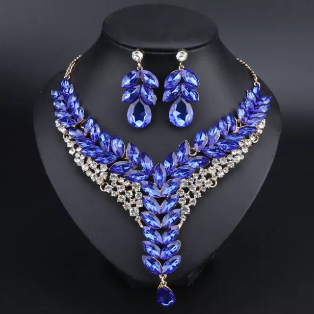 Women Fashion 18K Gold Plated Crystal Wedding Party Necklace Earring Jewelry Set