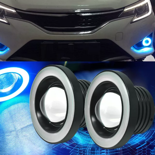 2Pcs 2.5" COB Car LED Fog Light Projector+Ice Blue Halo Angel Eyes Ring DRL Bulb
