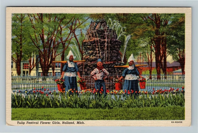 Holland MI- Michigan, Tulip Festival Flower Girls, Fountain, Vintage Postcard