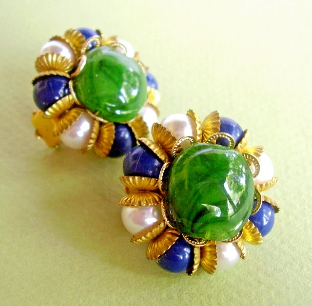 Boucles D'oreilles Clips Métal Doré Et Verre Vert - 2,8 Cm - Occasion Bon état