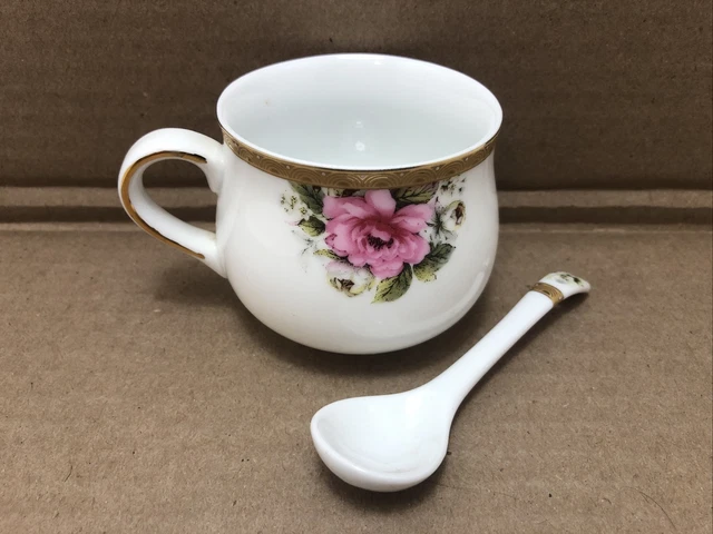 Antigua taza floral y cuchara rosa de artesanía en madera imperial de Inglaterra