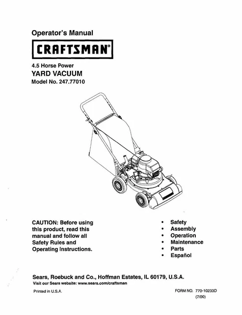 Yard Vacuum Operator Maint Manual 2000 Craftsman 4.5 HP Model No. 247.77010