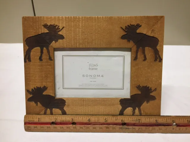 SONOMA Rustic Cabin Wooden Primitive Tabletop Photo Frame Moose Pyrography