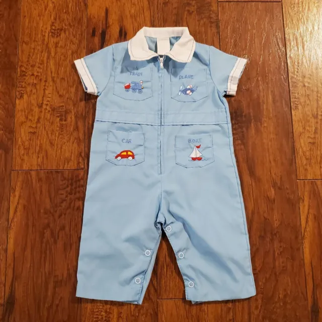 Vintage Blue Short Sleeve Baby Boy Embroidered Jumpsuit Romper 3-6 Months