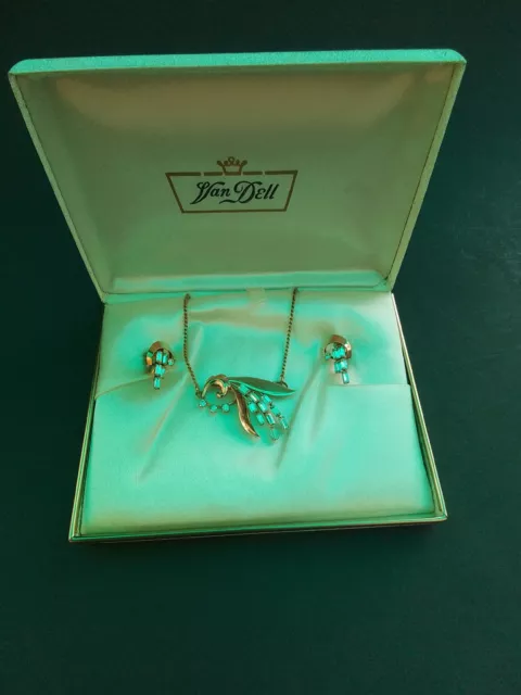 Vtg  Van Dell Signed 12K Gold Filled  Rhinestone Necklace Earrings Set, Box Inc.