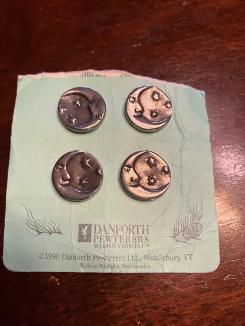 8 Danforth Pewter Buttons Original Cards Man in Crescent  Moon & Stars - Rare