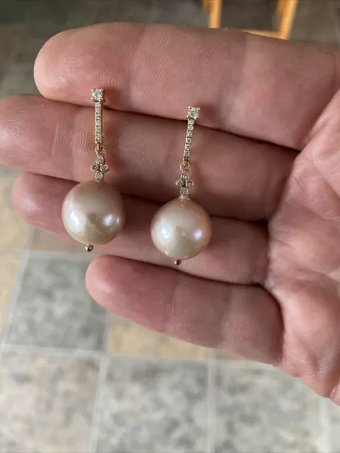 18k Yellow Gold Pearl & Diamond Dangle Earrings Posts Pink Pearl As Found Estate