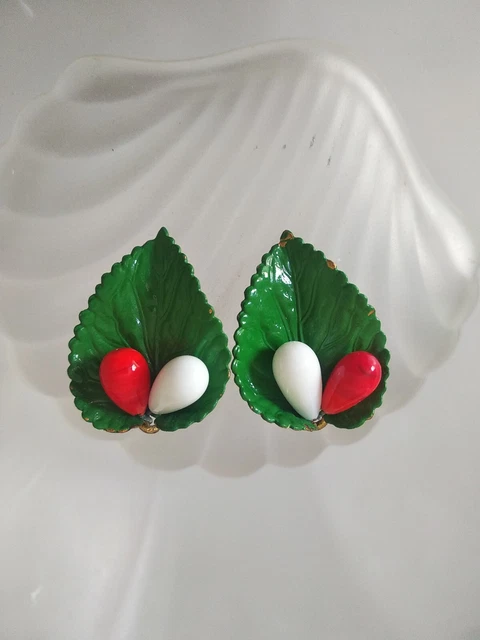 Boucles D'oreilles Vintage En Pâte De Verre Bleu Irisé – Forme Feuille – Style Kitsch