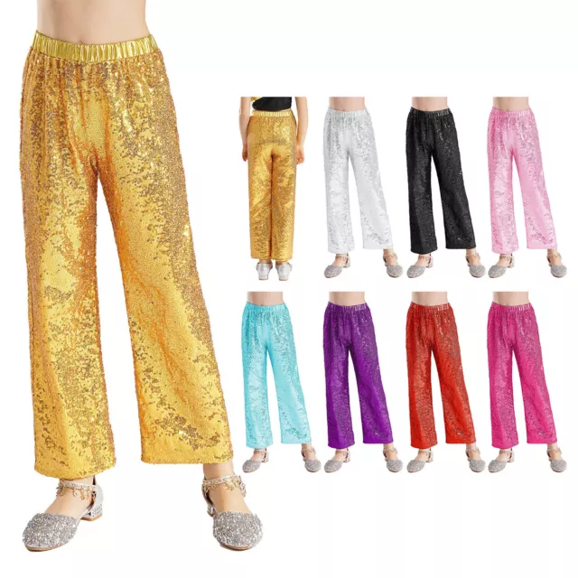 Kids Girls Dance Sequin Pants Competition Trousers Athletic Streetwear Active