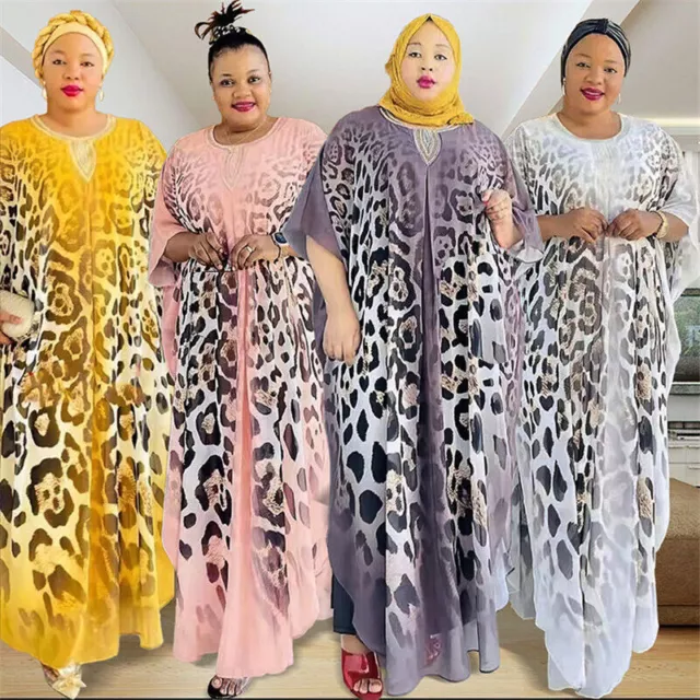 Leopard Print Abaya Moroccan Kaftan African Dashiki Women Maxi Dress Jilbab Robe