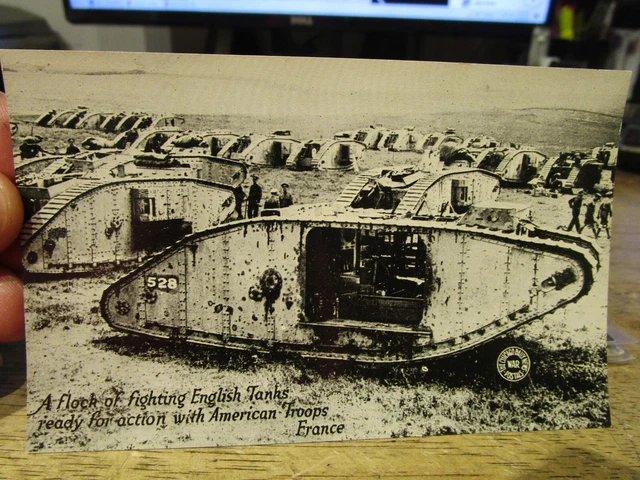 Vintage Old WAR MILITARY Postcard WWI English Tanks American Troops Mark I Style