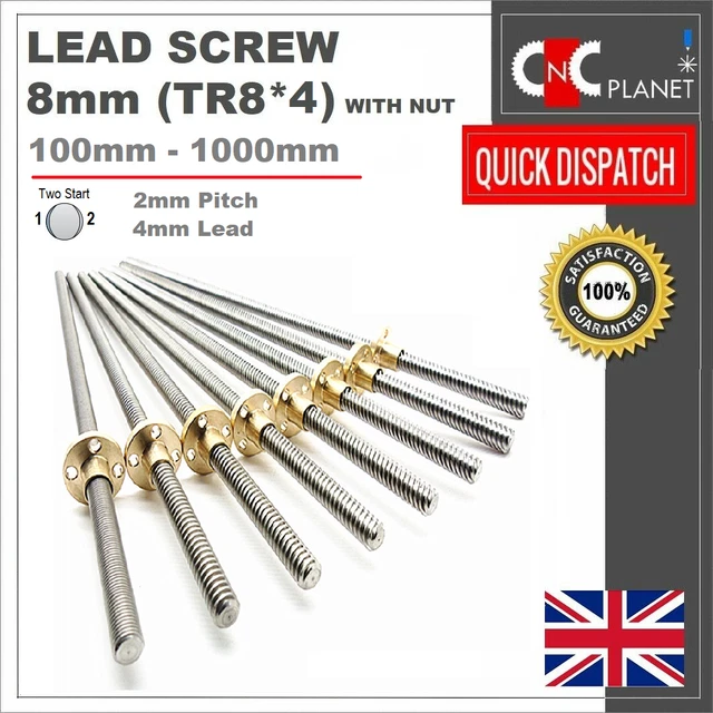 8mm Leadscrew TR8*4 Stainless steel screw 2mm pitch lead 4mm Flange Brass nut UK
