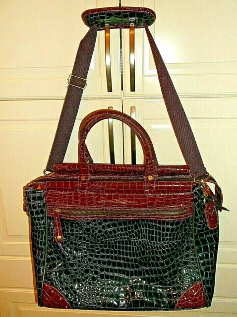 Samantha Brown Croco Embossed Carry On Travel Bag Tote Navy Brown 16" x 8" x 13"