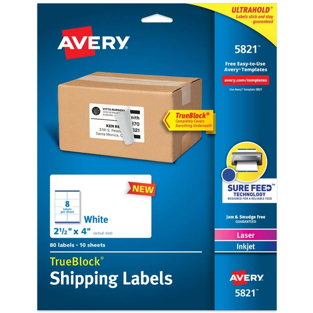 Avery Shipping Labels, White, 2.5" X 4", Laser/Inkjet, 80 Labels (05821)