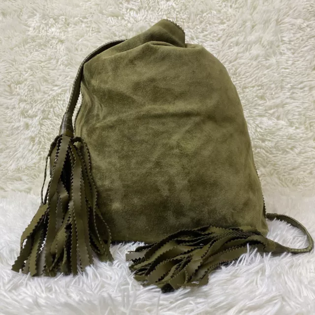 Authentic Bottega Veneta Drawstring Handbag Shoulder Khaki Suede Leather Women