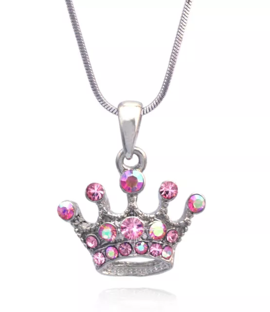 Pink Crystal Princess Crown Tiara Pendant Necklace Girl Fashion Jewelry n31p