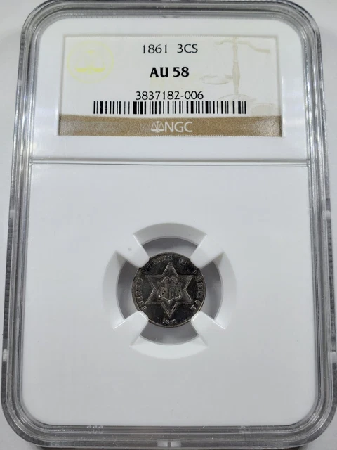 1861 3-cent Silver, NGC AU58, subtle color, a sweet type coin