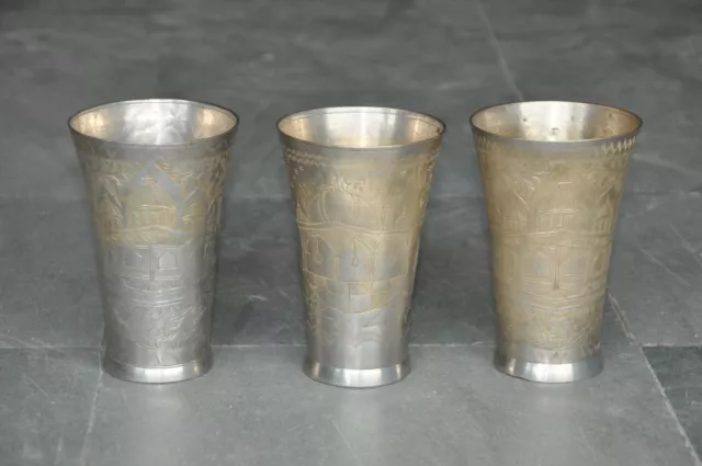 3 Pc Vintage Brass Handcrafted Inlay Engraved Unique Heavy Lassi/Milk Glasses