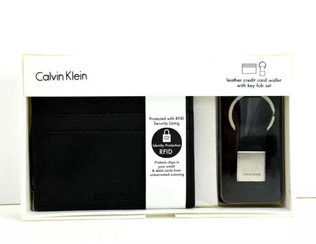 Calvin Klein Mens Leather RFIDCard Holder Wallet and Key Ring Set Black