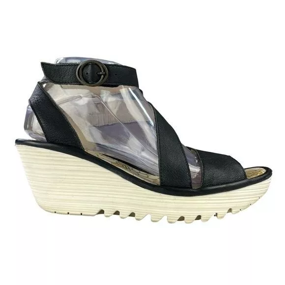 Fly London Yesk Black Wedge Sandals Womens Size 7.5-8