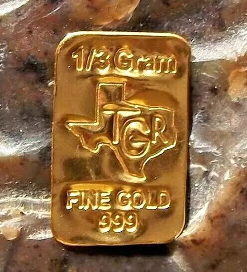 1 /3 Gram Gold Bar  24K Pure Tgr Premium Ingot 9,999 Fine Certified