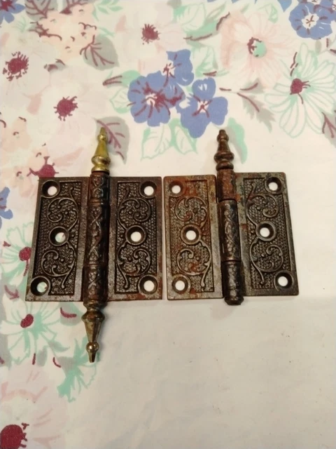 Antique 3" x 3" Ornate Steeple Tipped Cast Iron Victorian Eastlake Hinge Salvage