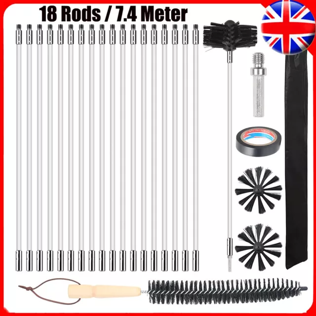 25 x Flexible Chimney Sweep Set Flue Sweeping Brush & Rod Kit Soot Cleaning Rods