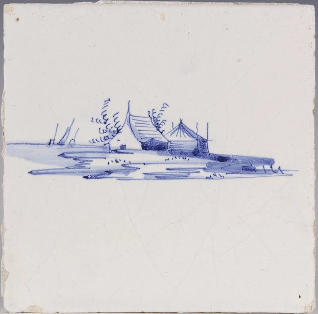 Nice Dutch Delft Blue tile, farm in landscape, late 17th century.