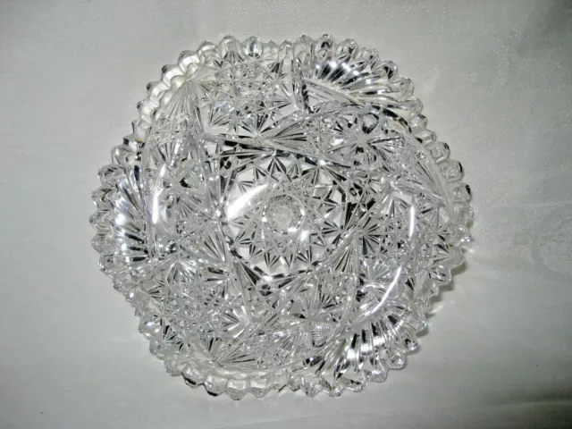 VINTAGE BRILLIANT FAN CUT GLASS HEAVY LEAD CRYSTAL DISH ~ 6 7/8 inches ROUND
