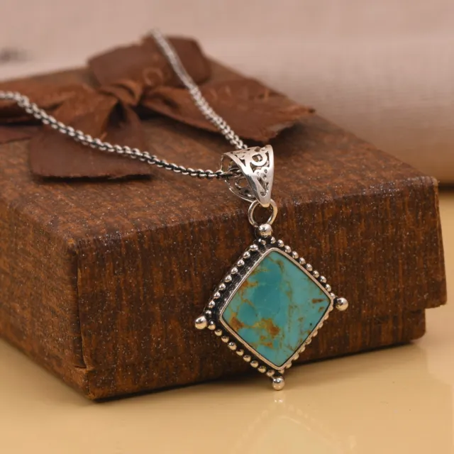 Genuine Kingman Turquoise Square 925 Silver Oxidized Pendent Necklace Jewelry