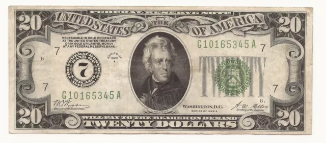 1928-A $20 Federal Reserve Note FRN Chicago Numeric 7 Gold Clause 345A-UZMF